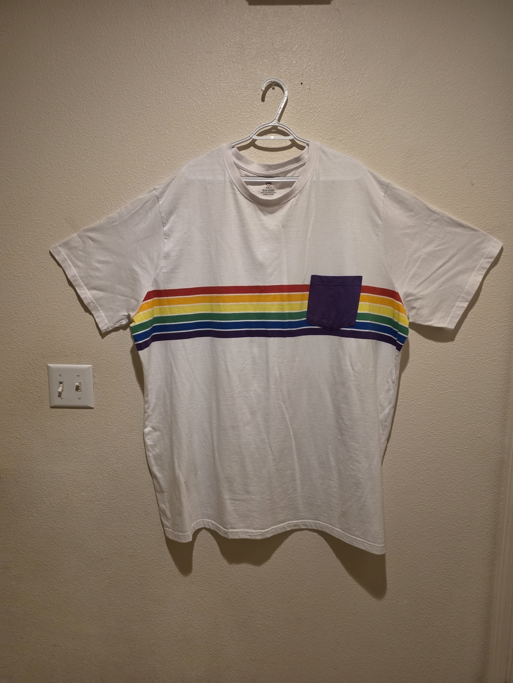Harbor Bay White Short-Sleeve Tee with Rainbow Chest Stripe and Purple Pocket